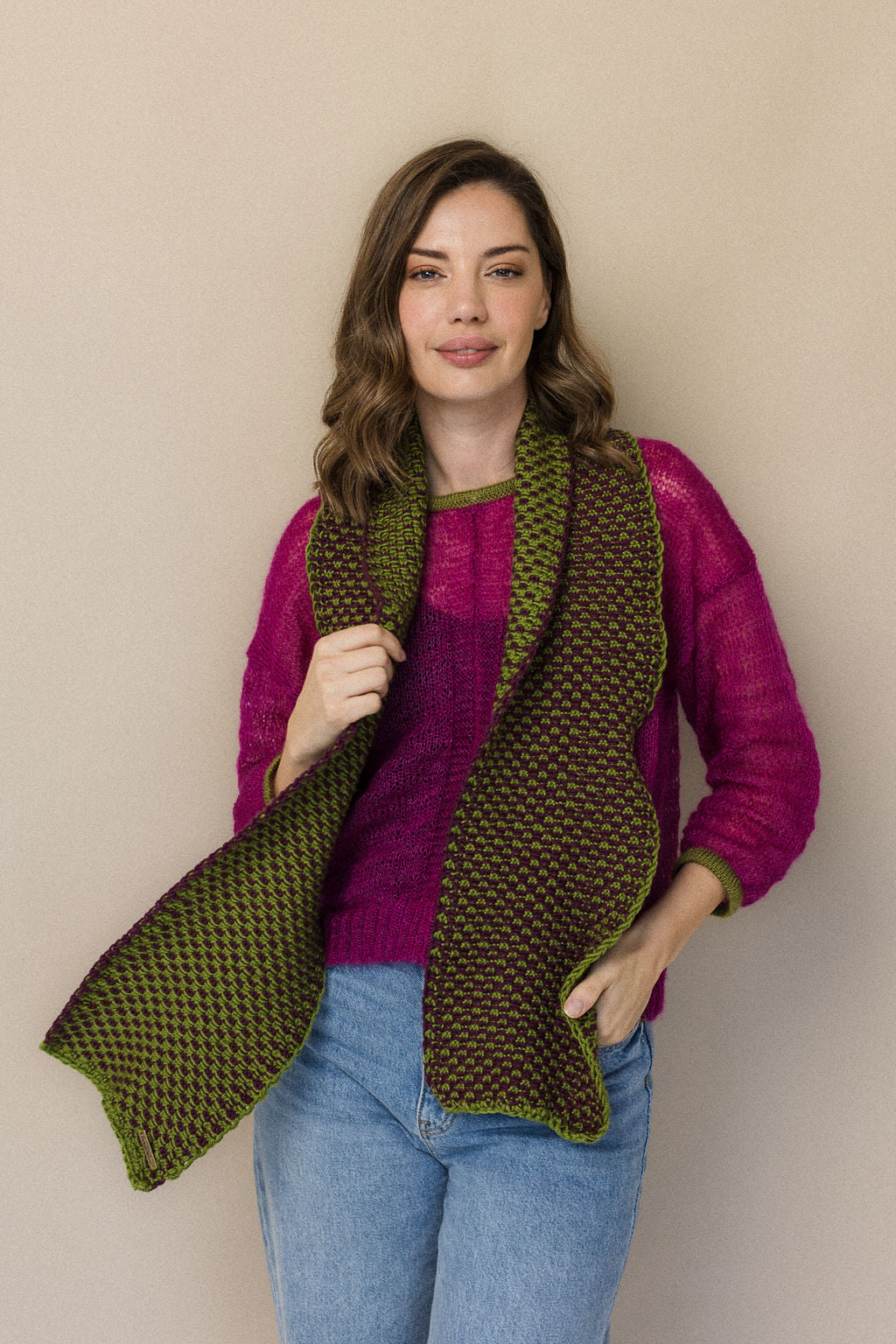Plum and green wool scarf