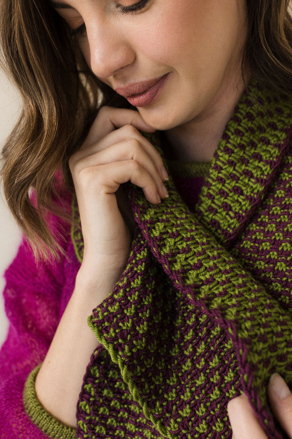 Plum and green merino wool jacquard scarf