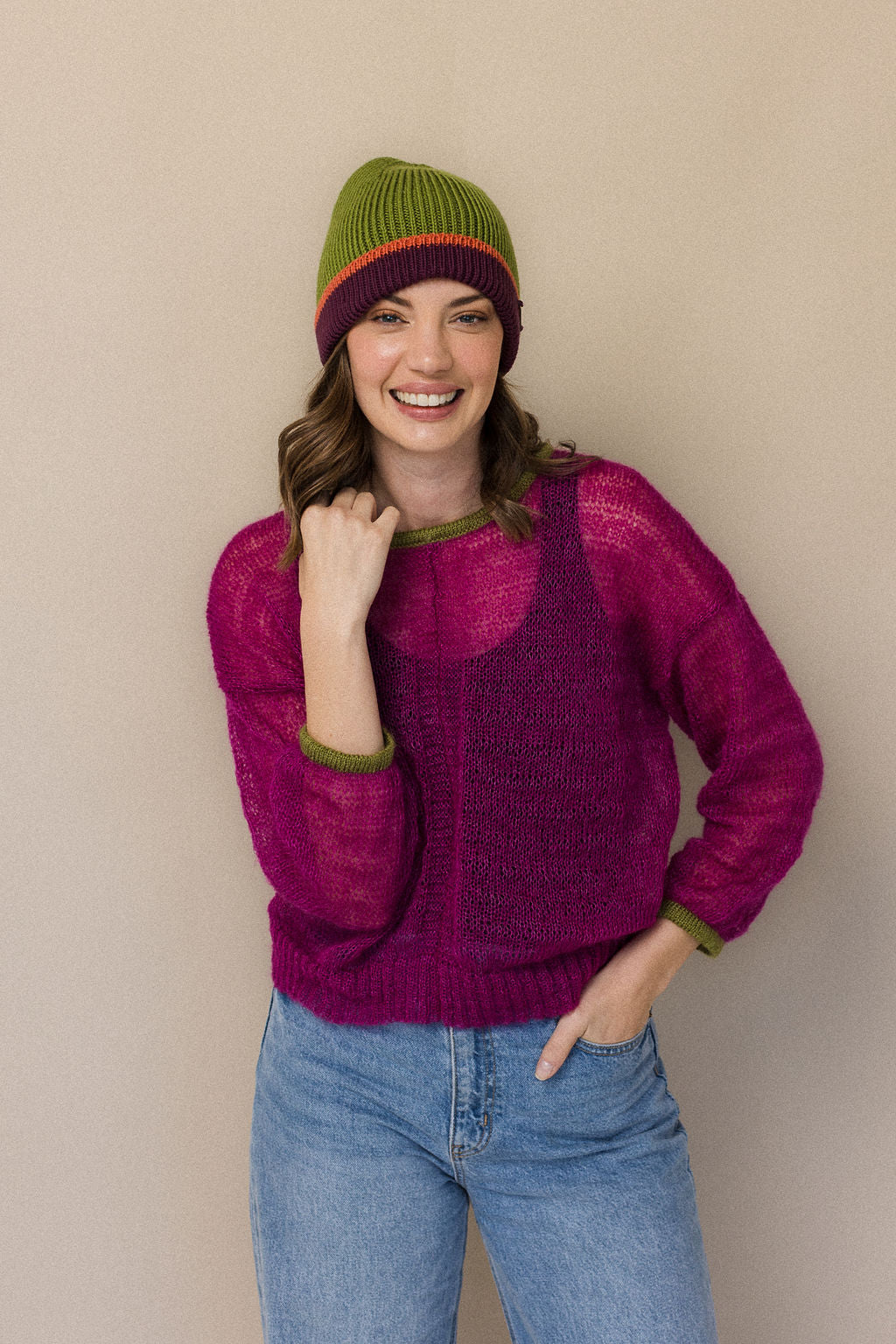 South African wool beanie women and magenta mohair jersey