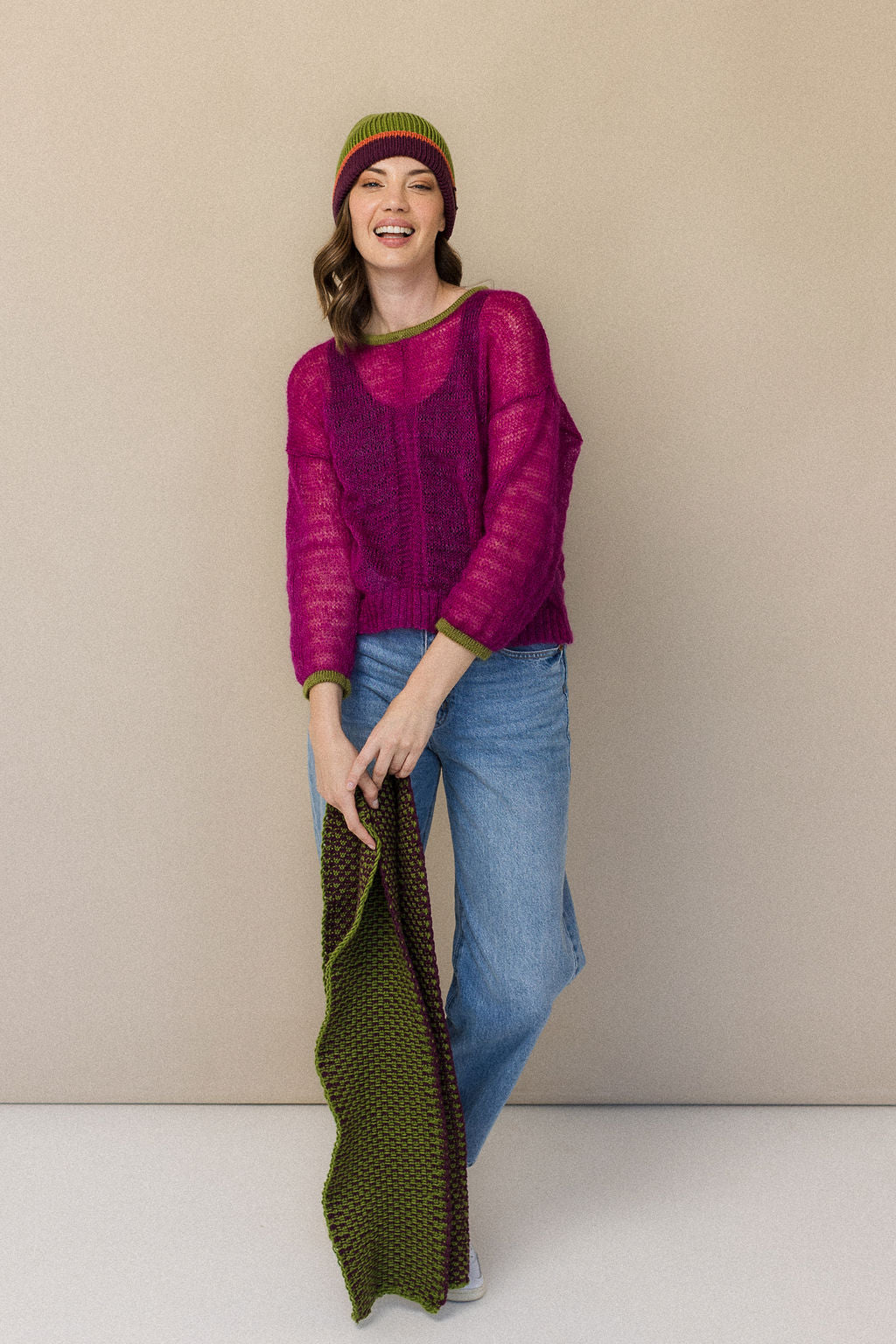 Plum and green scarf and beanie