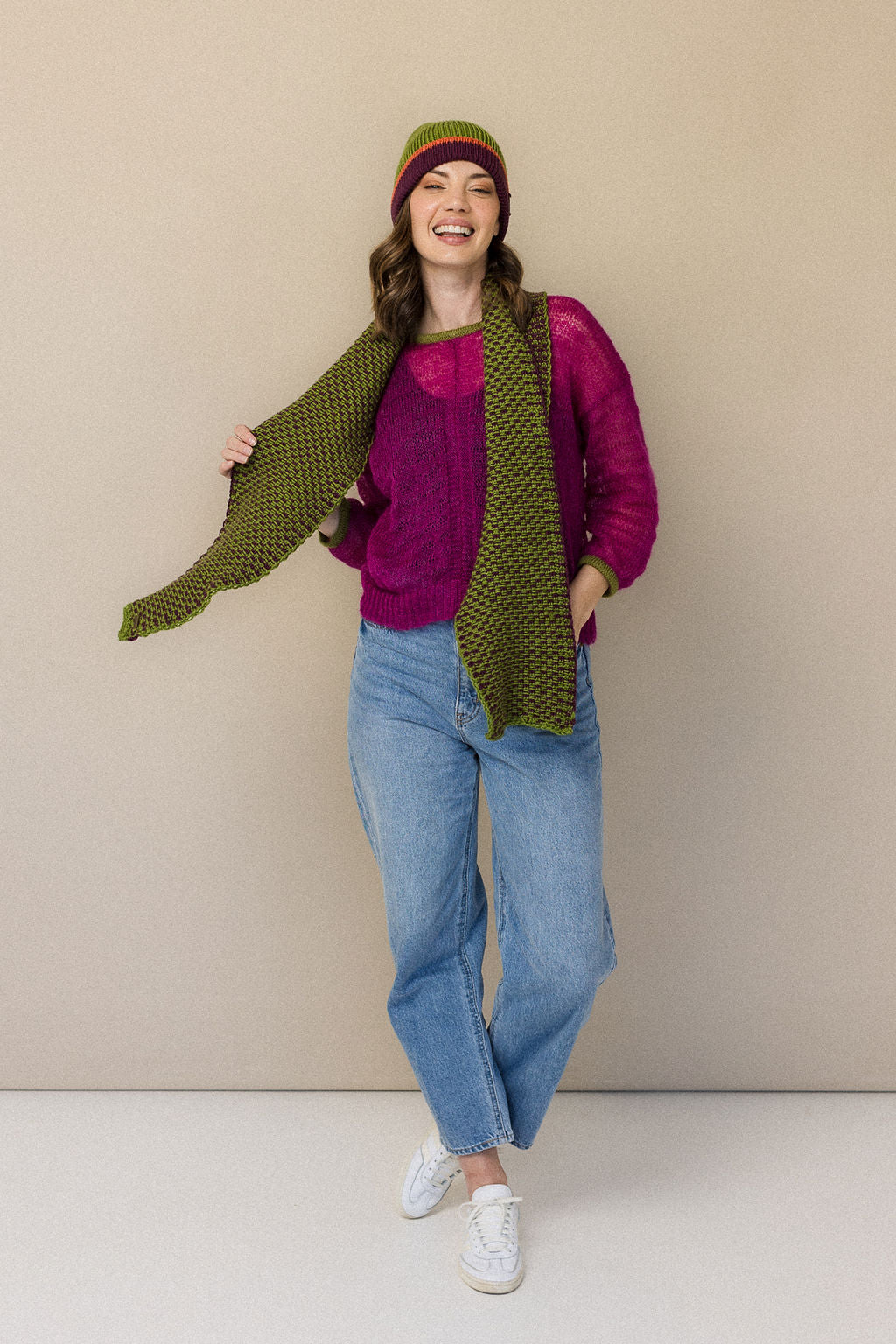 Green and plum wool beanie scarf combo