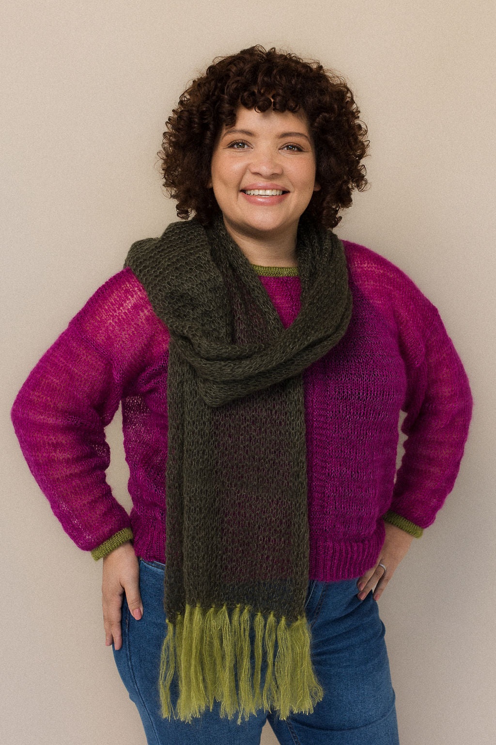 Green kid mohair & silk scarf with tassles