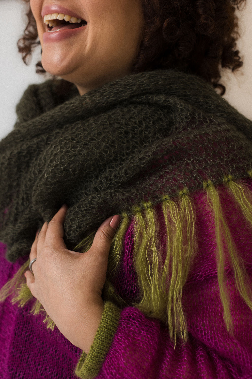 Green mohair scarf with tassles