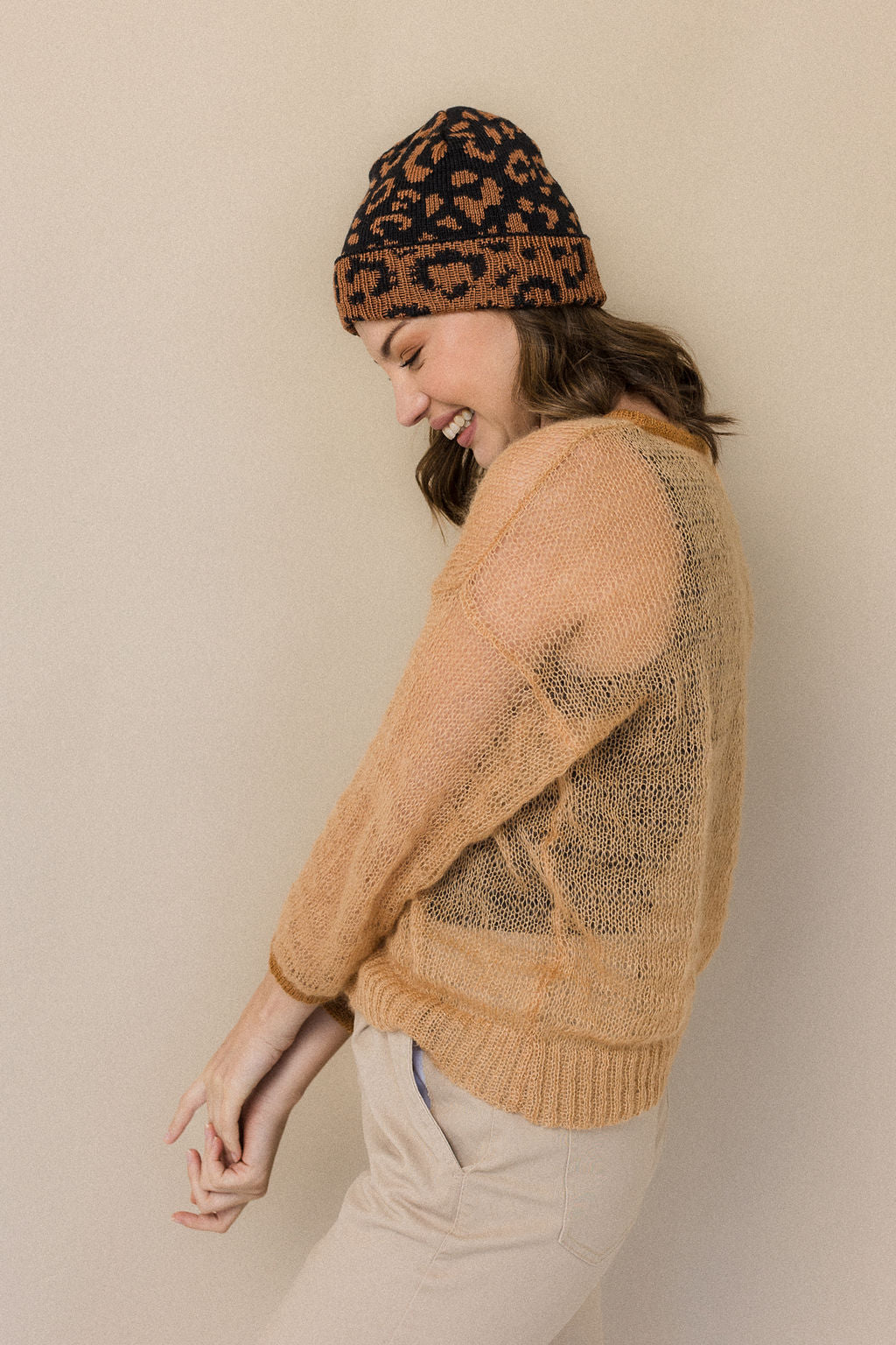 Leopard print wool mohair beanie