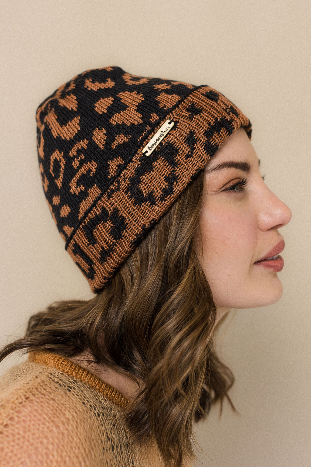 leopard print beanie in wool mohair