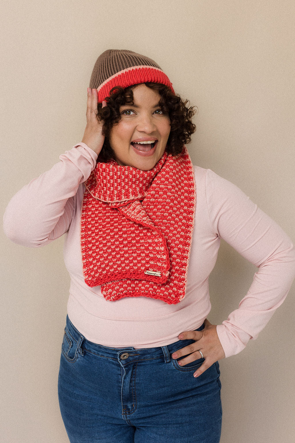 Pink wool beanie scarf combo