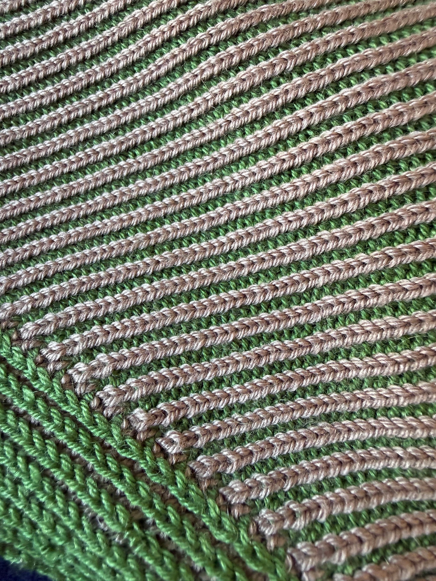 detail of brioche knit in green and mushroom