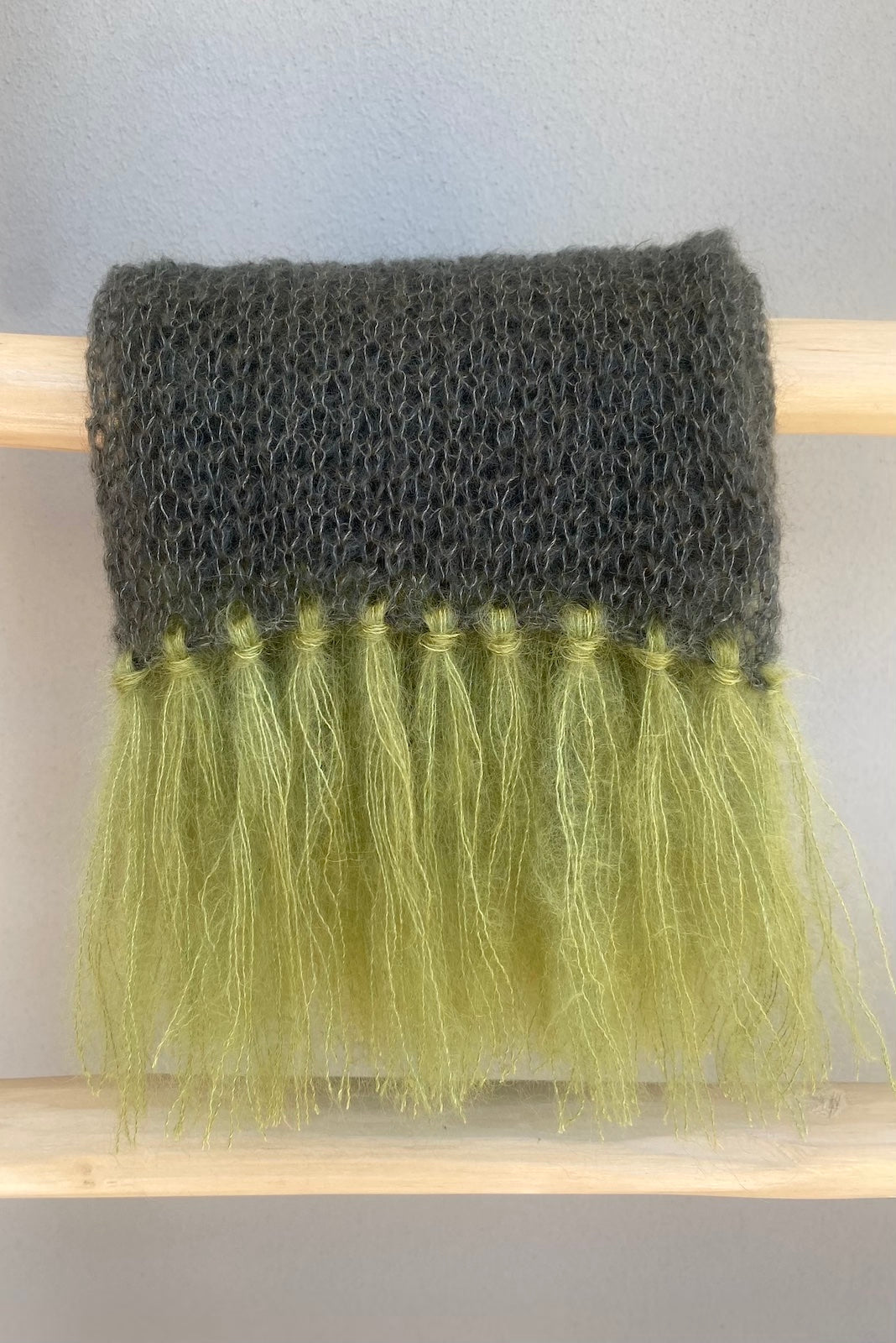 Tassled green mohair scarf