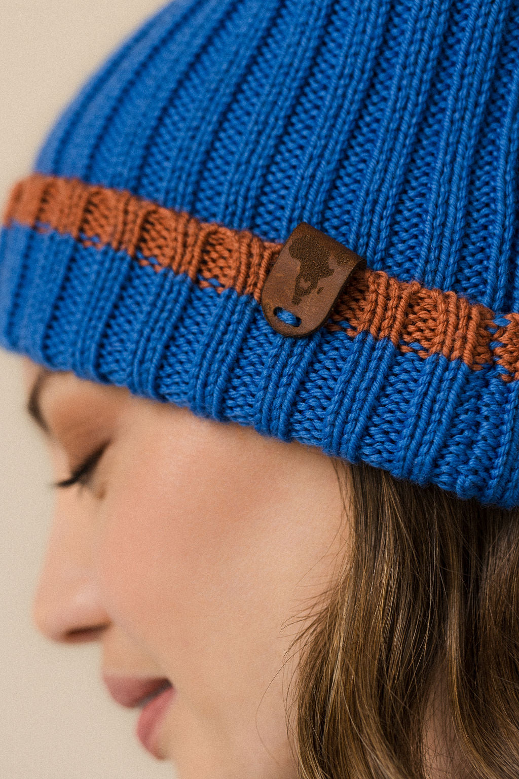 Blue & cinnamon merino wool beanie
