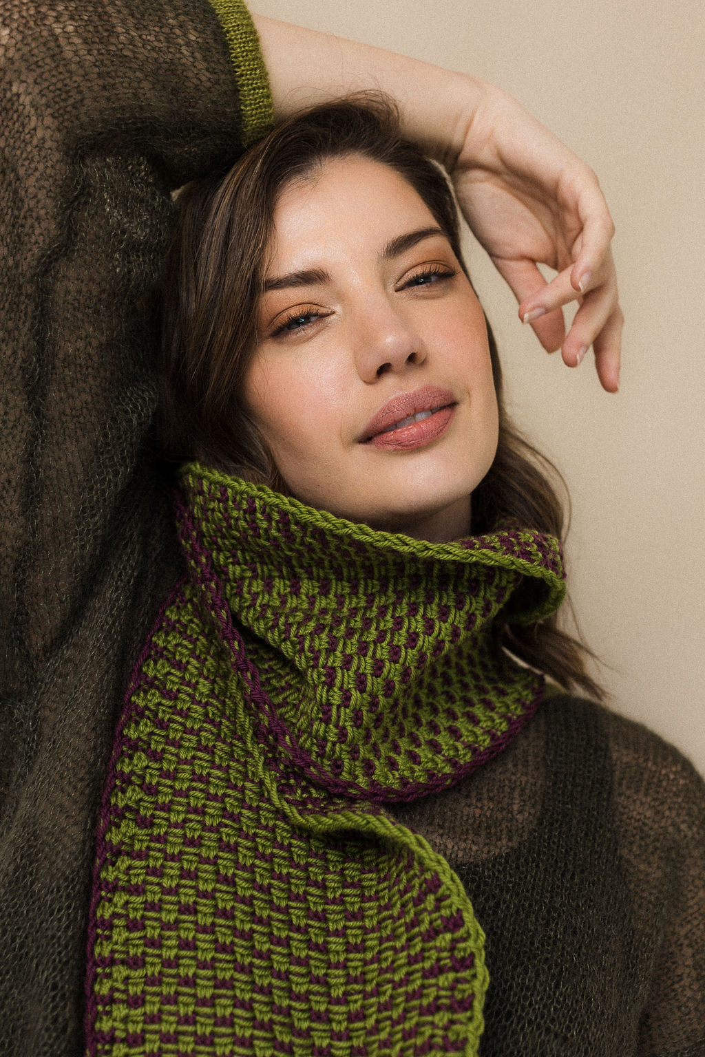 Purple green reversible wool scarf