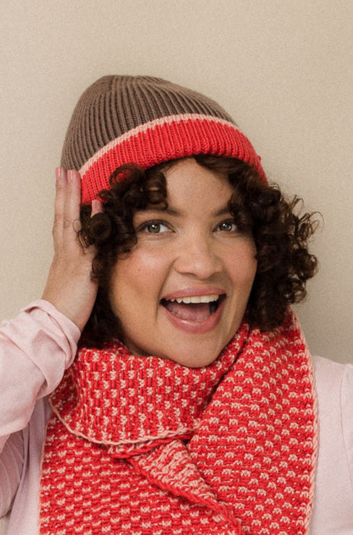 Pink merino wool beanie and scarf set for women