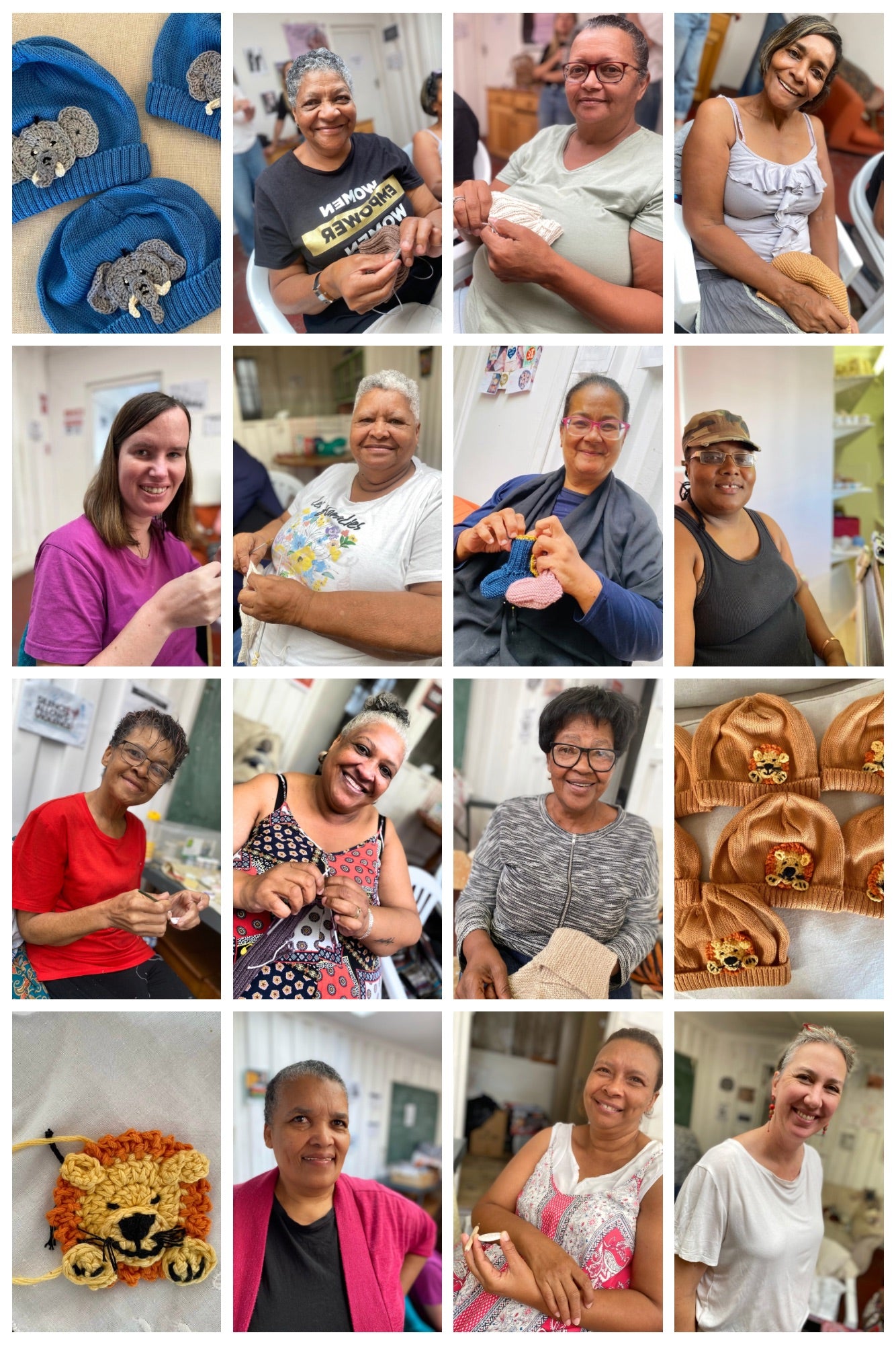 photos of women busy knitting and crocheting children's beanies