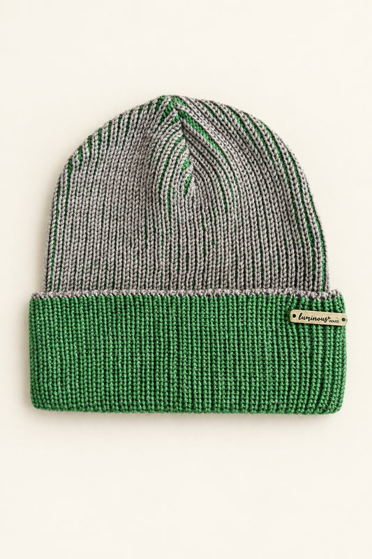 wool mohair beanie in matcha and mushroom colour against light background