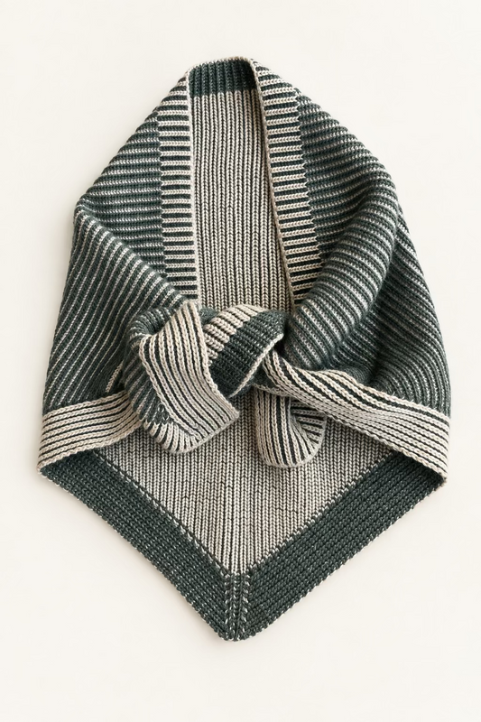 sand and moss green brioche knit triangle scarf against off white background
