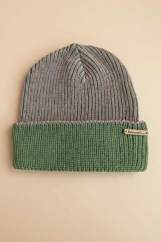 A ribbed knit beanie hat in a mushroom and green colorway, featuring a solid green folded cuff with a small metal brand tag that reads 'Luminous Ware'. 