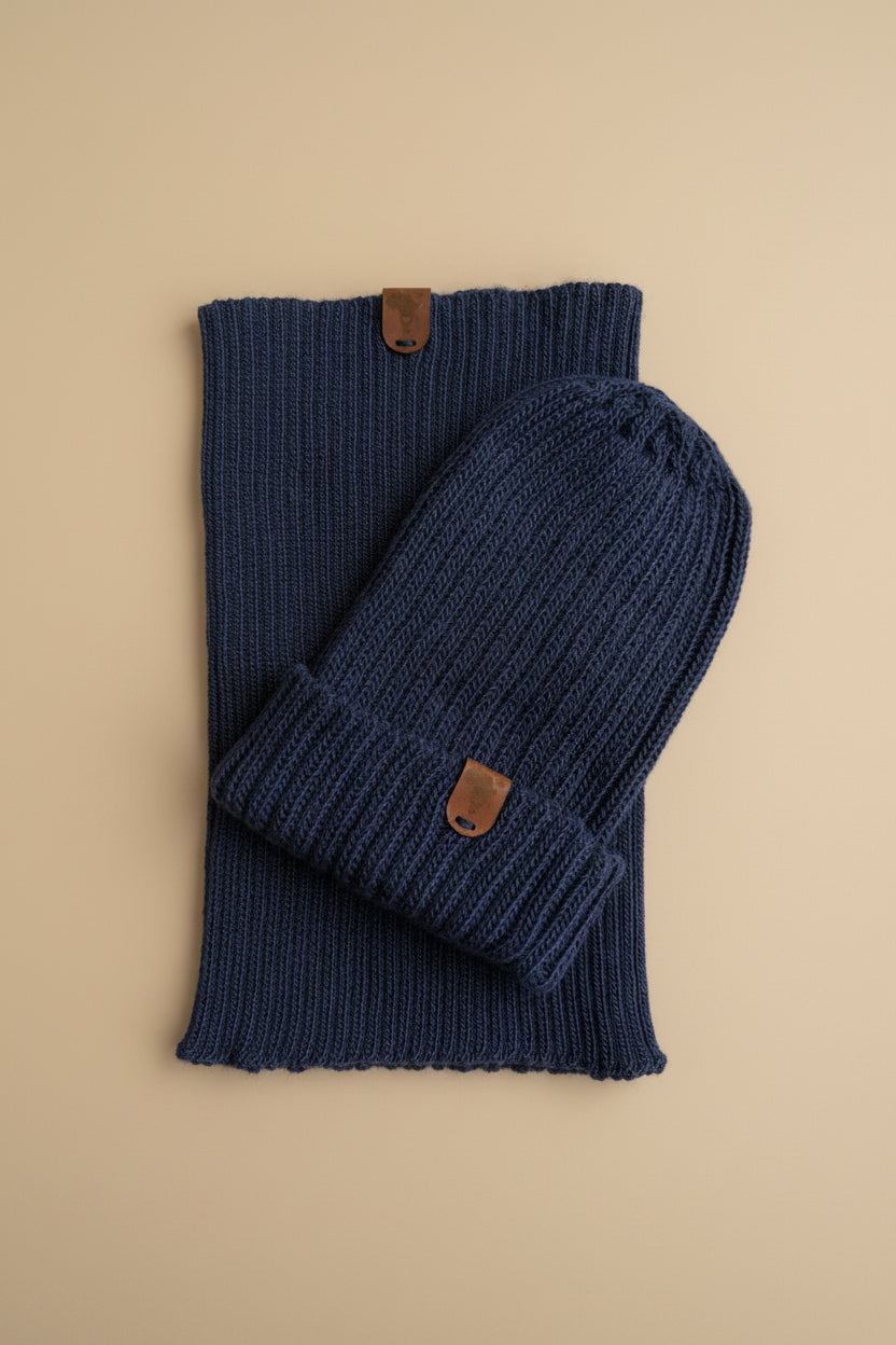navy wool beanie and matching neck warmer