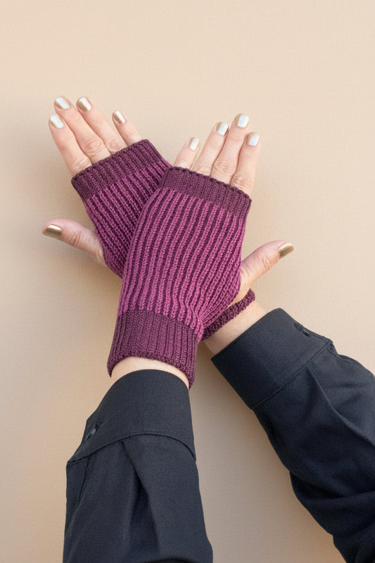 Hands with Plum colour brioche gloves