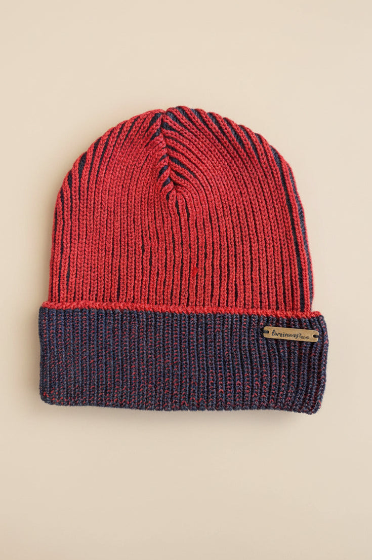 red and navy brioche knit wool beanie
