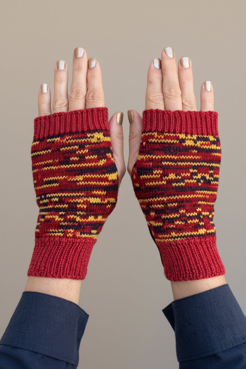 Red and yellow striped fingerless gloves on a gray background