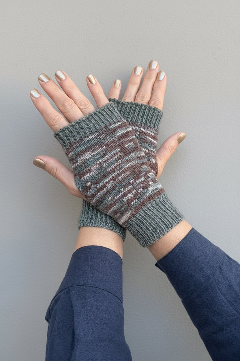 Pair of sage and brown striped fingerless gloves on a plain background